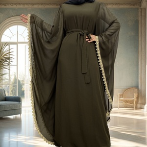 6529# Fashion Muslim <b>Islamic</b> Abaya Big Batwing Gold Lace Sleeves Middle With Lining Breathable Chiffon Ramadan EID Dress - Product Image 6