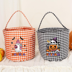 Personalizado Halloween Gingham Decoración Candy Basket Tote Plaid Cubo Bolso de lona para niños Trick Treat Party Regalos de Halloween - Product Image 3