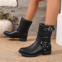 Bottines mi-mollet pour femmes, avec boucle en métal, talon épais, bout rond, à enfiler, bottines tendance pour l'hiver/le printemps, usage quotidien