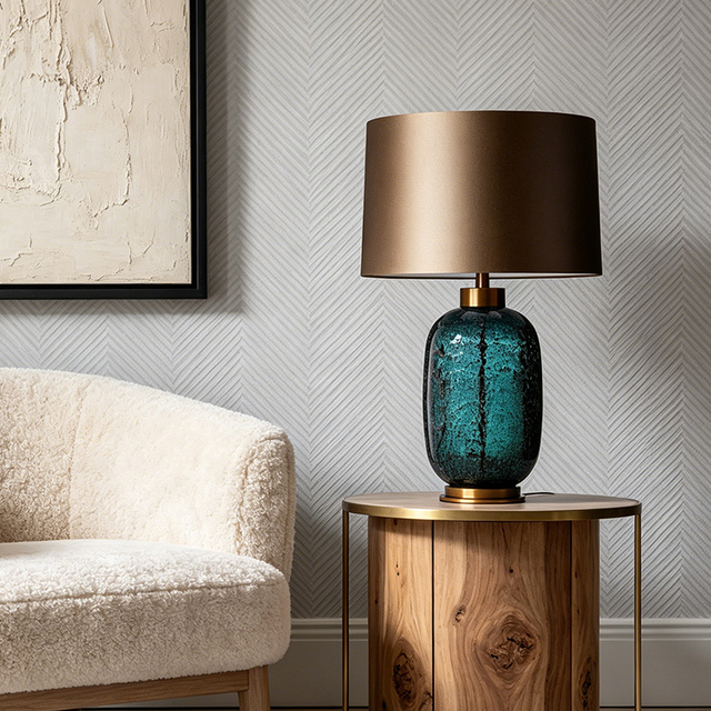 Turquoise Bubble Texture Hand Blown Glass Table Lights with Fabric Shade for Living Room Bedroom Decorative Ambient Lights