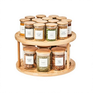 Étagère à épices en bois avec 12 bocaux en verre, design rotatif rond, organisateur de rangement de cuisine en bois naturel, style simple, fabriqué au Vietnam - Product Image 1