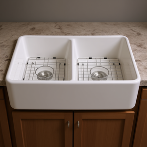 Fregadero Doble para Cocina Estilo Farmhouse, 32 x 20, Rectangular, con Frente de Encimera, Acabado Blanco Brillante, Instalación sobre Encimera - Product Image 2