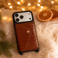 Étui portefeuille en cuir véritable texture alligator avec bouton doré et sangle réglable pour iPhone 18 Pro Max Duo – Fabrication OEM ODM