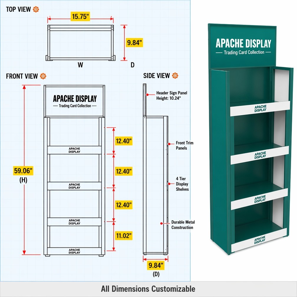Apache Custom Card Display Rack 4-Way 4-Tier Metal Game Merchandiser Knock Down Rotating Stand for Hobby Store OEM ODM — view 4