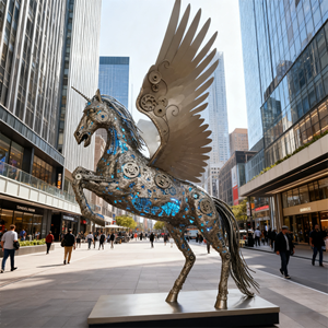 Scultura di Cavallo Alato in Acciaio Inossidabile Lucidato a Specchio, Grande e a Grandezza Naturale, per Giardino Esterno, Stile Fantascientifico, Moderna e Personalizzabile - Product Image 3