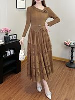 Nouvelle Robe Longue Plissée Miyake pour Femme, en Dentelle Tissée avec Perles et Volants, Manches Longues, Coupe Trapèze, Col en V, Formelle et Lavable