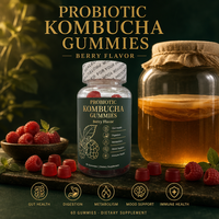 Gummies de Kombucha à Marque Blanche OEM – Probiotiques, Prébiotiques, Thé Fermenté pour la Santé Digestive Intestinale – Complément Alimentaire