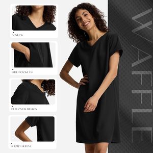 Camisón para mujer de manga corta con cuello en V, vestido de dormir de tela gofrada con bolsillos, ropa de dormir informal de verano, ajuste suave y cómodo - Product Image 4