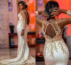 Aso Ebi Arabo di Lusso Del Merletto In Rilievo Abiti Da Sera Sheer Neck Mermaid Prom Abiti A Maniche Lunghe Partito Formale - Product Image 2