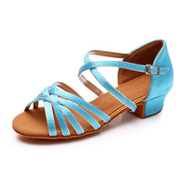 Chaussures de danse latine de salon confortables en satin marron à talon bas pour adolescentes/enfants