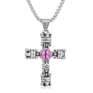 Stainless Steel <b>Cross</b> Pendant With Pink Eye Inlay For Men And Women Fashion Necklace Gift - Product Image 1