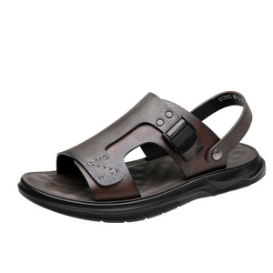 Sandales à sangle en T pour hommes, marron, gris, en cuir imprimé, semelle souple, à enfiler, pour la plage, taille adulte 2312 - Product Image 5