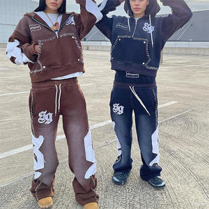 Kustom setengah ritsleting terbalik Logo bordir Streetwear Pullover antik asam cuci tertekan mengembang celana olahraga dan Set Hoodie - Product Image 3