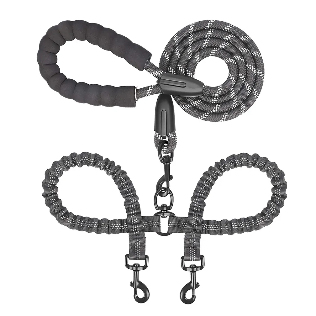 2 en 1 Nylon Reflective Bungee Durable Dog Rope Double Twin Lead Walking Dog Leashes para 2 perros