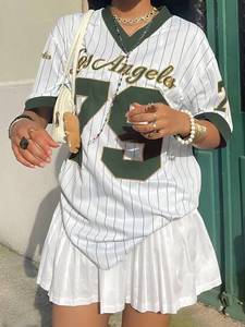 Camiseta de manga corta con cuello en V y estampado de letras de Los Ángeles para mujer, camiseta gráfica de verano, camisetas de béisbol, Camiseta deportiva de gran tamaño - Product Image 2