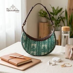 <b>Green</b> Half Moon Shoulder Bag Handmade Cotton Sling <b>Purse</b> Boho Hobo Handbag Minimalist Crossbody Wholesale India - Product Image 2