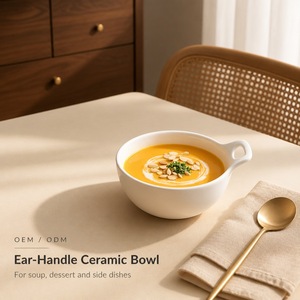Bol à soupe en céramique blanc cassé en gros, 5,3 pouces, avec poignée en boucle, logo personnalisé, pour hôtel, <span class=keywords><strong>caf</strong></span>é, maison, cuisine - Product Image 3