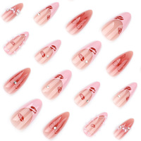 Faux ongles à presser en amande, 24 pièces, dégradé rose, motif lèvres rouges, nœud, avec décoration perles et strass, bouts d'ongles brillants