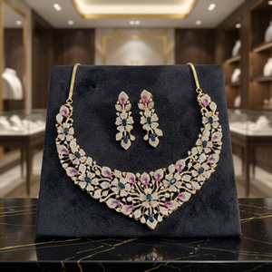 Parure de bijoux de luxe en laiton et zircon, collier ras-du-cou et boucles d'oreilles plaqués rhodium rose et bleu, style mariage américain, bijoux de mode pour femme - Product Image 3