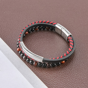 Natural Volcanic Rock Men's Leather <b>Rope</b> <b>Bracelet</b> Multi-layer Leather Woven <b>Bracelet</b> Steel Magnetic Snap Carrying Strap - Product Image 4
