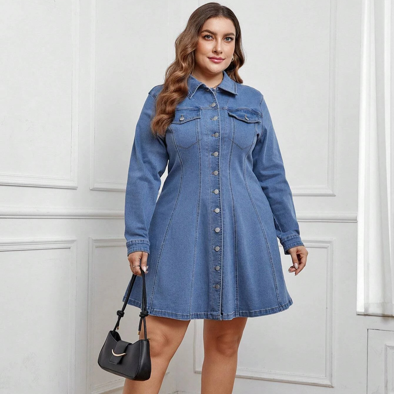 Casual Long Sleeve Denim Dress Shirt Dresses for Women Fashion Sexy Ladies  Basic Flap Pocke Button Blue Bodycon Midi Autumn| Alibaba.com