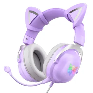 Onikuma-auriculares USB con diseño de oreja de gato para chicas jóvenes, auriculares coloridos de PC para jugadores
