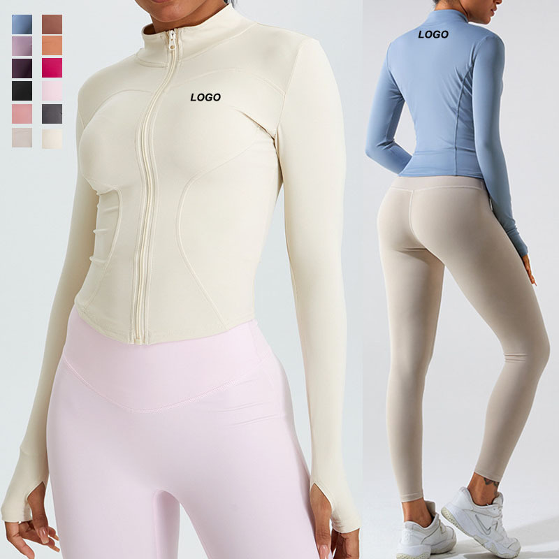 Custom Logo Rayon Outdoor Jackets Yoga Top Long Sleeve Zipper Stand Collar Crop Coat Slim Fit Fashion Sweatshirt Sportswear