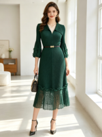Robe de bureau bleu marine à col en V, plissée, avec ourlet en dentelle, manches évasées 3/4, robe midi pour femme avec ceinture