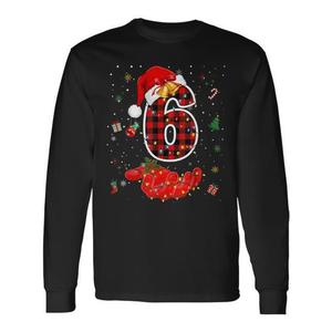 T-shirt à manches longues à carreaux rouges de Noël numéro 6 avec motif chapeau de Père Noël et lumières pour les fêtes - Product Image 1