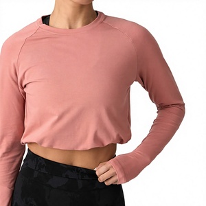 Haut court rose à manches longues pour femme, col rond, couleur unie, sportif, tricoté, en spandex et polyester, respirant, coupe classique, printemps-été - Product Image 1