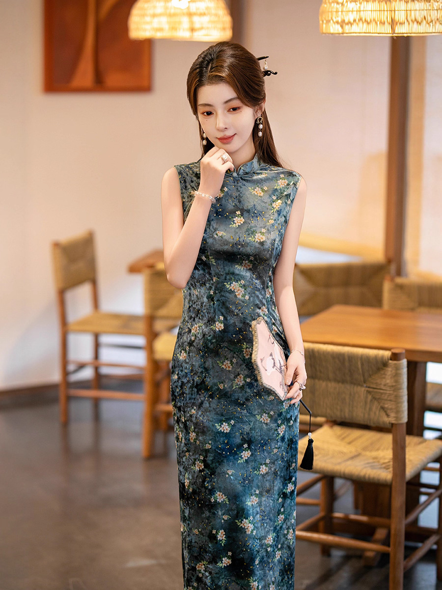 chinese formal dresses online Summer Vintage Polyester Fibre Velvet Cheongsam Dress High-end Dark Green Color Ladies Sleeveless Qipao Gown Skirt elegant chinese ball gown