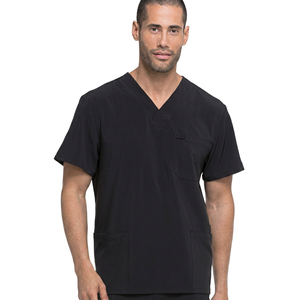 Men's V-Neck Medical <b>Scrub</b> <b>Top</b> Solid Black Short Sleeve Nursing Uniform Set with Pockets - Product Image 1
