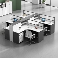 Bureau de travail modulaire à double rangée avec armoire de rangement divisée, cloison en verre insonorisante rayée, poste de travail pour 4 personnes