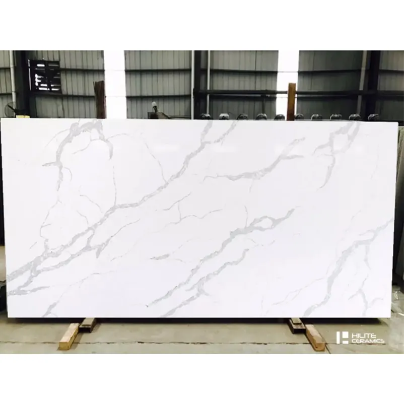 Natural Marble Look Quartz Surface Grey Veins White Quartz Stone For 3200*1600mm