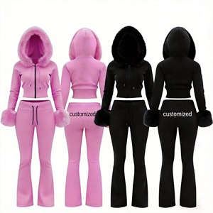 Completo da donna 2 pezzi: Felpa con cappuccio e pantaloni della tuta in cotone 360g con collo in pelliccia, tuta invernale personalizzabile con logo in strass, ideale per ragazze alte - Product Image 5