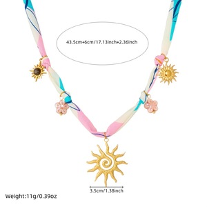 Floral Sun Pendant Necklace Tie Dye Fabric Knotted Chain Gold Plated Tiger Eye Stone Party Fashion Jewelry - Product Image 4