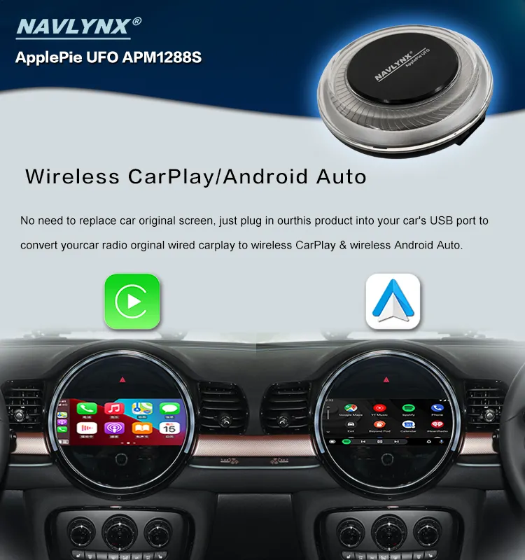 NAVLYNX ApplePie UFO CarPlay AI Box אלחוטי קרפליי אנדרואיד 13 14 אוטומטי מולטימדיה LTE GPS WIFI דודג' יוטיוב נטבליקס להשמיע וידאו