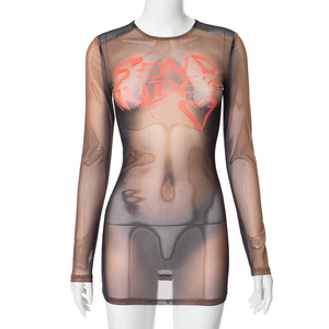 Vestido Negro y Transparente con Estampado REBORN Naranja Intenso para Mujer, Ropa Sexy - Product Image 4