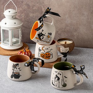 Nuova Tazza in Ceramica Professionale per il Ritorno a Scuola, Design Cartoonesco con Motivi di Zucca, Gatto Nero e Fantasma, Divertente Tazza per <span class=keywords><strong>Caffè</strong></span>/Tè Riutilizzabile e Portatile - Product Image 1