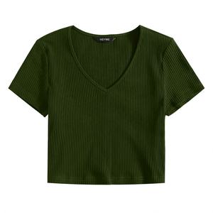 Camiseta con cuello en V para mujer de color sólido, ajustada, acanalada, de punto, teñido liso, características comprimidas para mujer - Product Image 6