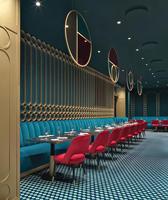 Projet de mobilier commercial moderne en bois sur mesure pour restaurant : banquette, canapé, sièges en cuir de luxe pour hôtel, table et chaises