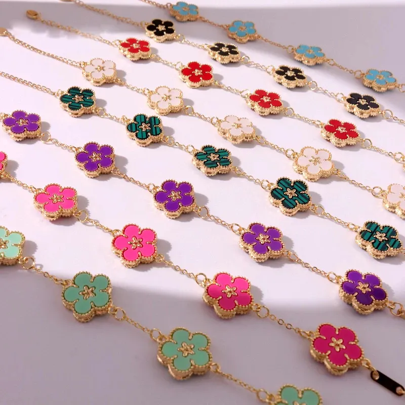 Pulseras de joyería fina para niñas, brazalete con abalorio de flor colorida de doble cara, chapado en oro y flor