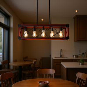 Lámpara colgante rectangular de 32 pulgadas con 5 luces, estilo industrial rústico de madera, para comedor, cocina, cafetería, decoración. - Product Image 2