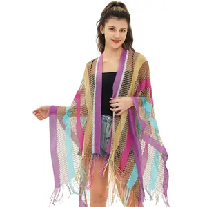 MU New women's cape travel ethnic wind rainbow stripes summer sunscreen thin section hollow shawl
