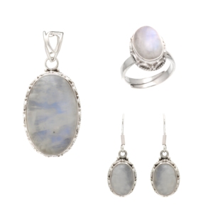 Classic 925 Silver Rainbow Moonstone Jewelry Set Oval Cut Bezel Setting Women's Necklace Earrings Ring Everyday Wear - Product Image 1