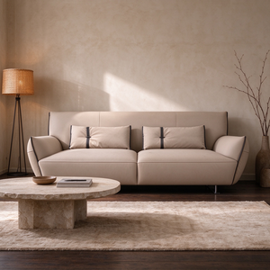 Sculpted Arm Leather <b>Sofa</b> 2 Seater Chaise Sectional Metal Trim Slim Splayed Metal Legs Modern Living Room Hotel Villa Bedroom - Product Image 2
