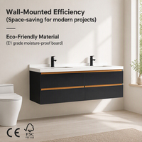 Meuble-lavabo mural flottant moderne de style nordique minimaliste, noir mat, aspect bois, double vasque avec plan de travail