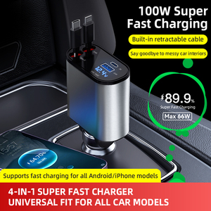 ที่ชาร์จในรถยนต์แบบยืดหดได้ 4 in 1 ชาร์จเร็ว USB C กำลังไฟ 100W สายชาร์จแบบยืดหดได้ 2 เส้น และพอร์ต USB อะแดปเตอร์ชาร์จในรถยนต์ - Product Image 3