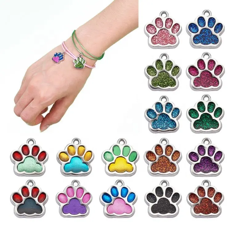 Dog Cat Paw Charms For Jewelry Making Glitter Pendant Hang Charms Keychain Lobster Clasp Pet Collar Accessories