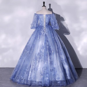 Off The Shoulder Ball Gown Gray Blue Floral Print Empire Waist Long Evening Dress For Women - Product Image 4